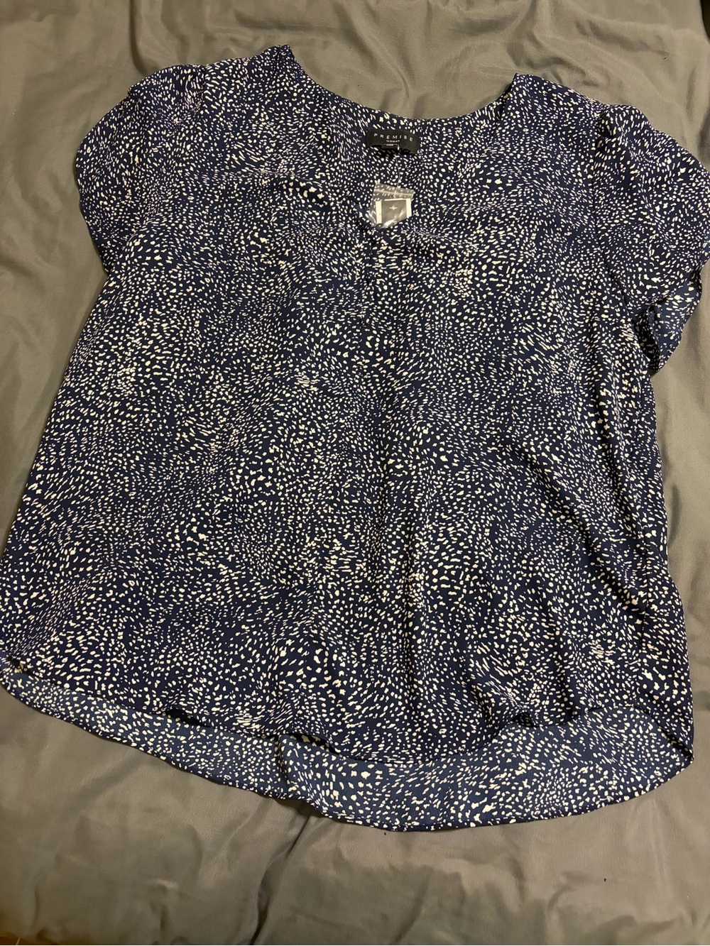 Premise Navy And White Speckled Short Sleeve Blouse